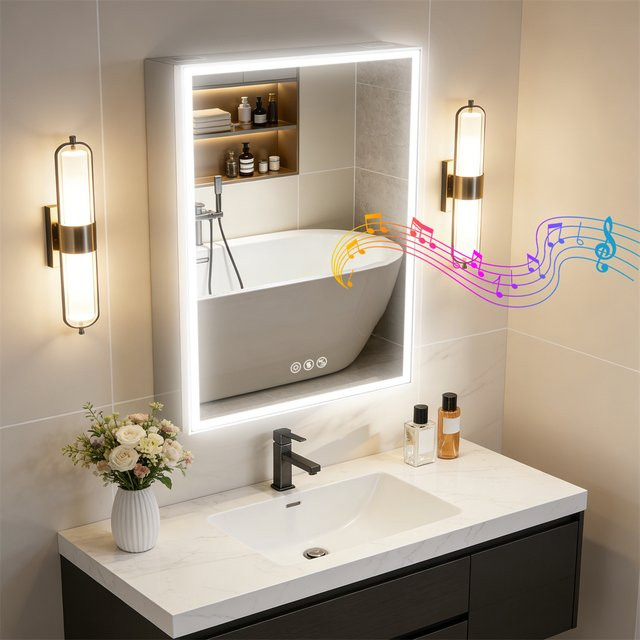 LUVODI Intelligenter LED-Medizinschrank mit Bluetooth-Lautsprechern und Antibeschlag-Funktion, Wandmontierter Badezimmerspiegel in Weiß, B: 50 cm, H: 70 cm - Bild 1