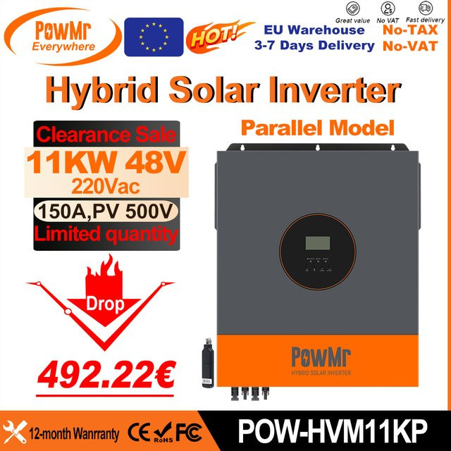 PowMr Hybrid-Solarwechselrichter mit 11 kW, 48 V, 220 V, MPPT 150 A Solarregler, rein sinusförmiger Ausgang, duale PV-Ausgänge für 500-V-Solarmodule und WLAN, Grau - Bild 1