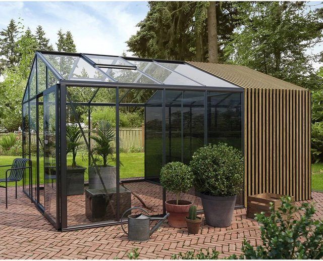 Bloomcabin Klassik Gewächshaus mit integriertem Stauraum und Accoya-Fusion-Holzelementen in Anthrazit - Bild 1