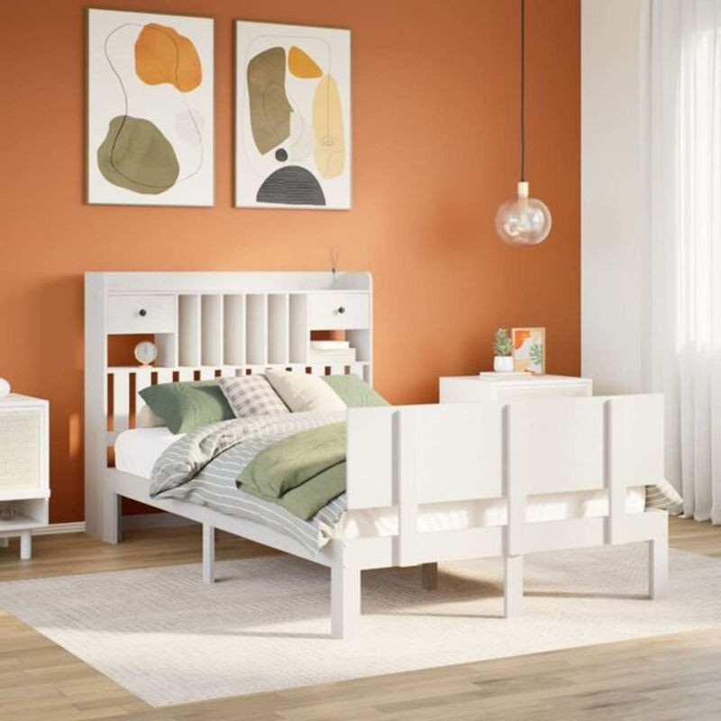 Massivholzbett Vidaxl aus Kiefer mit Regal in Weiß, B/T/H: 135 x 190 x 110 cm - Bild 1