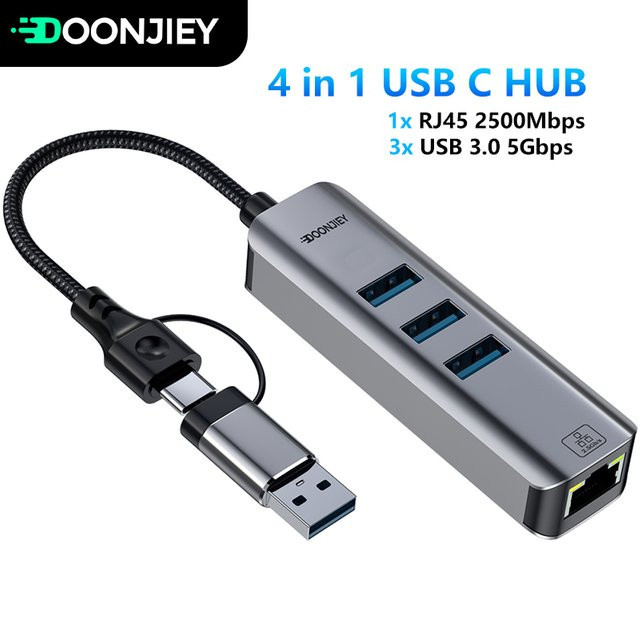 DOONJIEY 4 in 1 USB-C zu RJ45 2,5G Ethernet Adapter und USB 3.0 Hub, 2500Mbps Netzwerkkarte in Silber - Bild 1