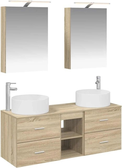 vidaXL Badezimmermöbel-Set 5-teilig in Sonoma-Eiche mit Waschtischunterschrank, Wandschrank und Spiegelschrank mit LED-Beleuchtung und Glasfronten, Braun - Bild 1