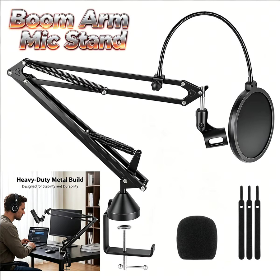 Verstellbarer Mikrofonarmständer mit Pop-Filter, Mikrofonclip und Kabelbindern in Schwarz für Blue Yeti, HyperX Quadcast, Elgato Wave und weitere Mikrofone mit 3/8 Zoll Anschluss - Bild 2