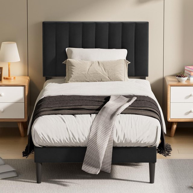 KUTAS Polsterbett Einzelbett mit verstellbarem Kopfteil und Lattenrost in Grauweiß, B/T: 90 x 200 cm - Bild 1