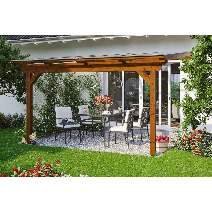 Skan Holz Terrassenüberdachung Ancona aus Leimholz in Nussbaum Braun mit Polycarbonat-Dach B/T: 434 x 300 cm - Bild 2