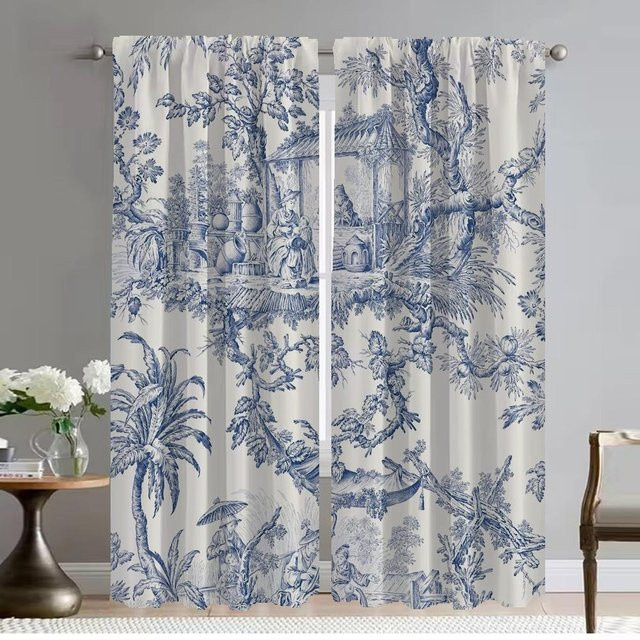 Toile de Jouy Vorhänge Set mit floralem Muster in Weiß, semi-transparent, B: 132 cm, H: 274 cm, 2 Stück - Bild 1