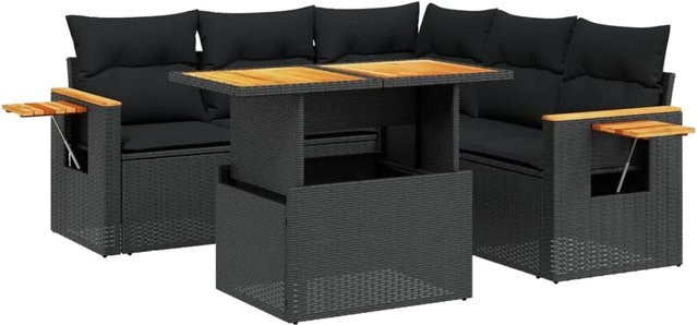 vidaXL 6-teilige Garten-Sofagarnitur in L-Form aus schwarzem Poly-Rattan mit Kissen und pulverbeschichtetem Stahlrahmen - Bild 1