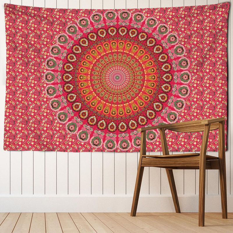 Binchi Outdoor Equipment Wandbehang Mandala Bloem in Rot, Abstraktes Boho Design mit Blumen und Engeln, Textil Wanddeko, Breite: 95 cm, Höhe: 70 cm - Bild 3