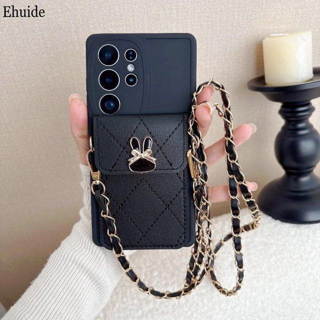 Kaninchen Handyhülle für Samsung Galaxy S25 Ultra S24 S23 S22 S21 S20 FE und A17 als Geldbörse Tasche mit Crossbody Leder Lanyard Riemen in Schwarz - Bild 1