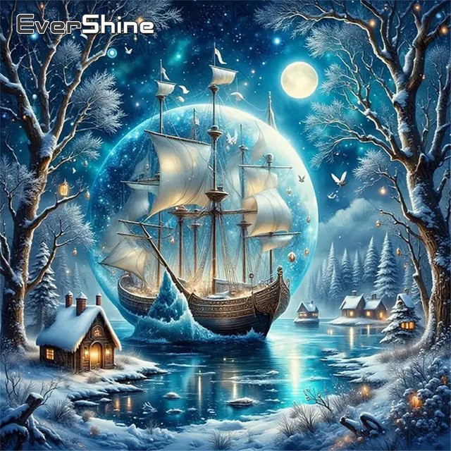Evershine Diamond Painting Set Landschaft mit Schiff, Fluss und Mond in Winterlandschaft, Multicolour, für Anfänger geeignet - Bild 1