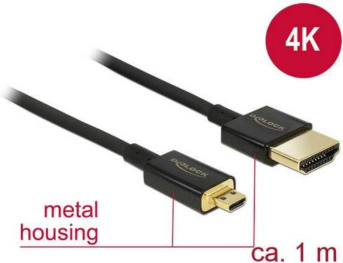Delock HDMI Anschlusskabel HDMI-A auf HDMI-Micro-D, 4K UHD, vergoldete Steckkontakte, Schwarz, Länge: 1,00 m - Bild 1