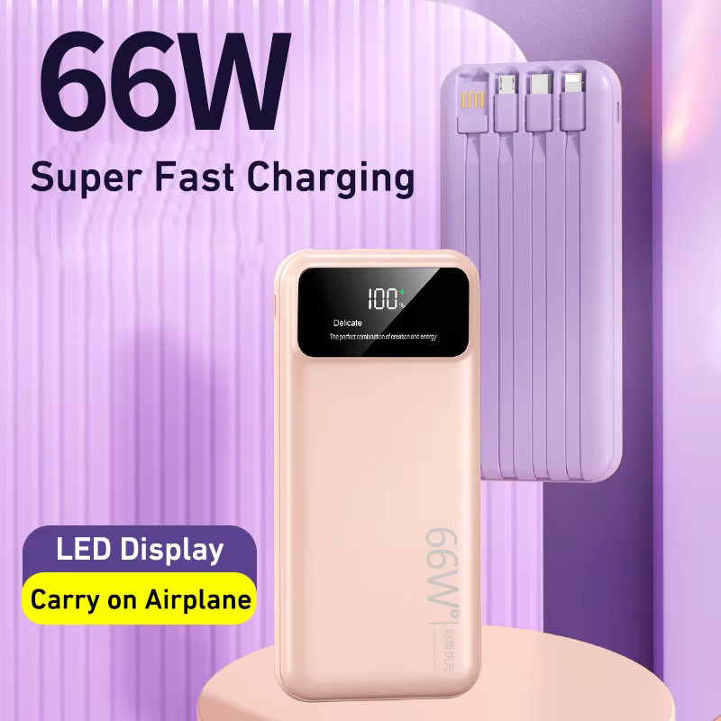 Tragbare Digitale Powerbank mit 30000 mAh und 4 integrierten Kabeln, 66 W Super Schnellladefunktion, Farbe: Lila, kompatibel mit Xiaomi, iPhone und Samsung - Bild 4