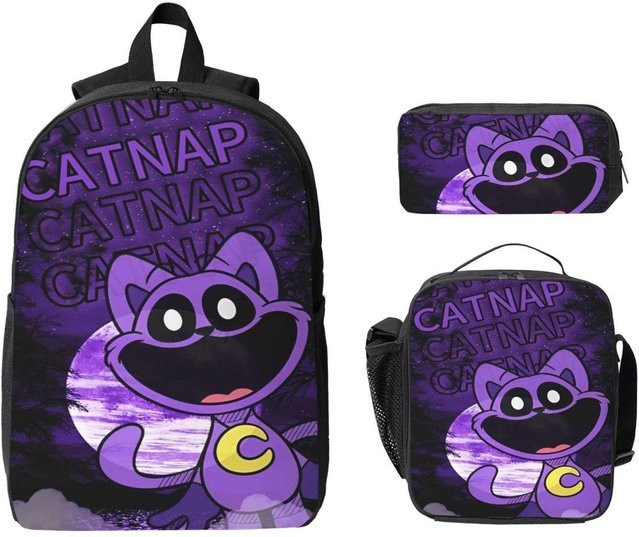 CatNaps Kinder Schulrucksack Set mit Brotdose und Federmäppchen in Schwarz und Lila - Bild 1