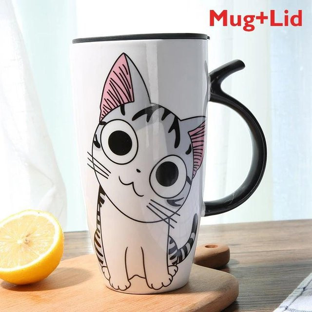 Szkoy Kaffeetasse aus Keramik mit Katzenmotiv und Deckel, Weiß, 600 ml - Bild 1
