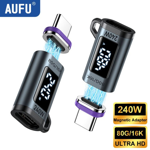 AUFU Magnetischer USB-C zu Typ-C Adapter mit Digitalanzeige, 240W Schnellladung, USB4 Anschluss mit 80Gbps für Thunderbolt5 und iPhone 16, Schwarz - Bild 1