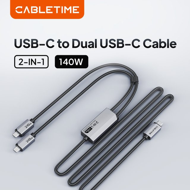 CABLETIME 2-in-1 USB-C-Kabel mit Dual-Ausgang, 140W Schnellladung und 480Mbps Datenübertragung für Laptops und iPhone 17 Pro - Bild 1