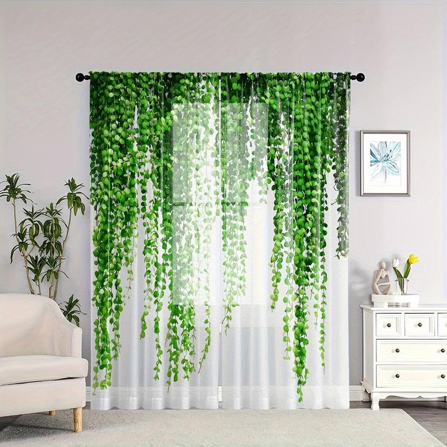 2er-Set semi-transparente Vorhänge mit grünem Reben-Muster und Ösen, modernem Stil, Farbe: Grün, B x H: 100 x 160 cm - Bild 1