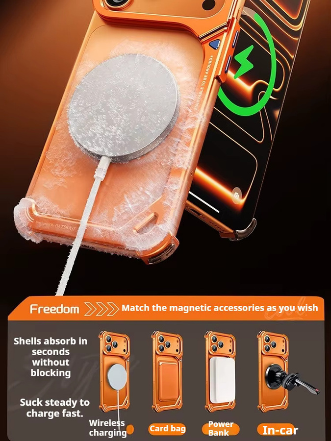 Eary Metall-Bumper-Handyhülle für iPhone 17 Pro Max in Orange mit MagSafe Wireless Charging und Objektivhalterung, rahmenlose Schale mit 9-förmigem Design - Bild 5