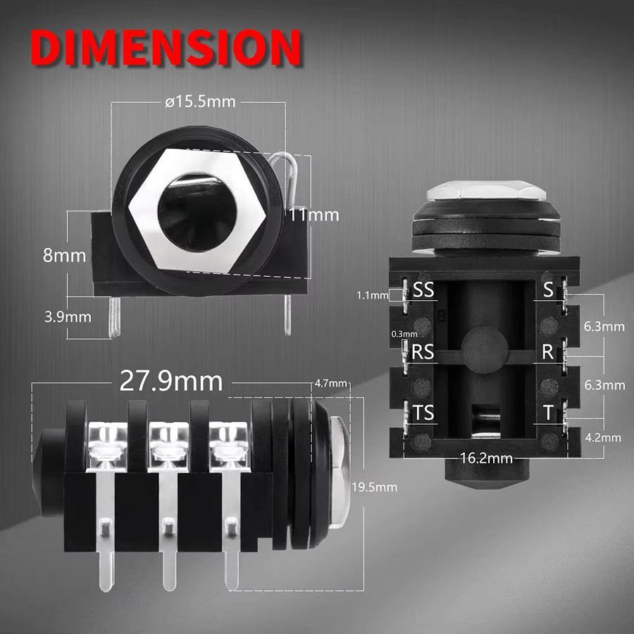 DAIERBUM 10er Set 6,35mm Stereo Klinkenbuchsen 1/4 Zoll für Gitarre und Pedale, PCB Mount, Silber - Bild 2
