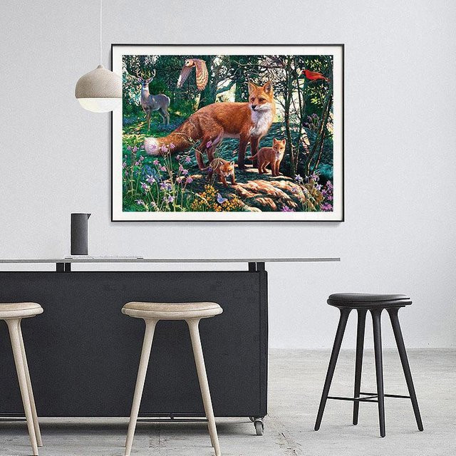 Diamant-Malerei FIYO mit Tier-Motiven Fuchs Hirsch und Eule in Grau, B/H: 20 x 30 cm - Bild 1