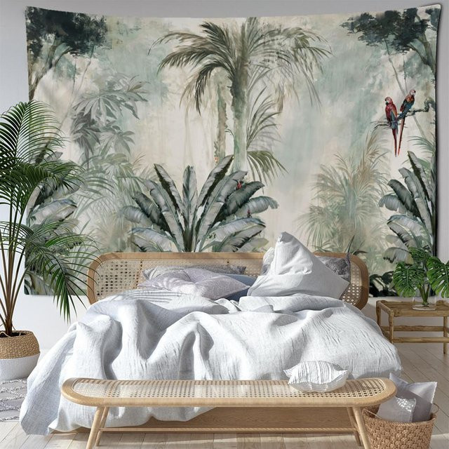 Abstrakter Wandteppich im Tropischen Ölgemälde-Stil mit Waldmotiv in Grau und Multicolour, Boho-Design, Breite: 95 cm, Höhe: 70 cm - Bild 1