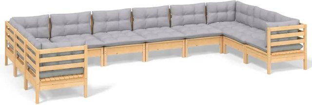 vidaXL 10-teiliges Garten-Lounge-Set aus massivem Kiefernholz mit grauen Polstern in Braun-Grau - Bild 1