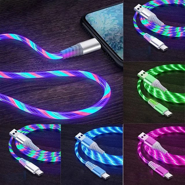 Flow Luminous USB Typ-C 5A Schnelllade-Datenkabel mit LED-Leuchte in Grün und Multicolour für Samsung Xiaomi iPhone 15 16 17 Pro Max - Bild 1