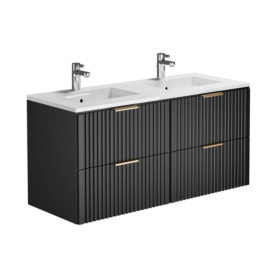 Vente-unique Doppelwaschtisch Zevara in Schwarz Matt im Art-déco-Stil mit gerippter Oberfläche, Breite: 120 cm, Tiefe: 46 cm, Höhe: 57 cm - Bild 2