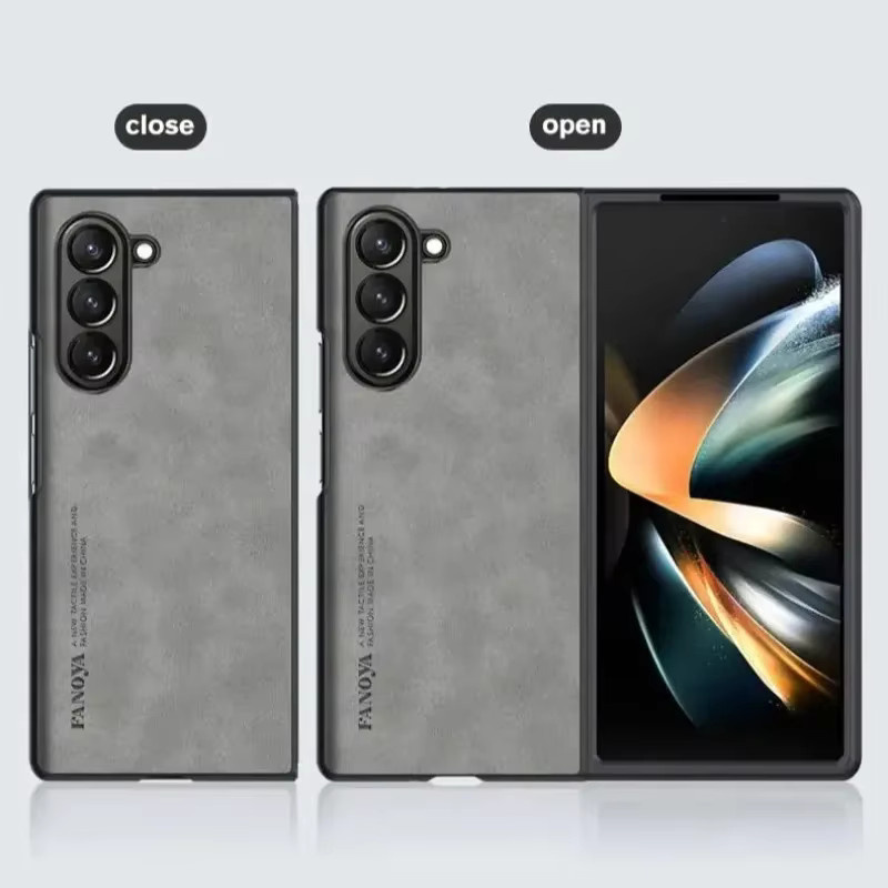 Matte Business Skin Touch Retro Lammfell Leder Handyhülle für Samsung Galaxy Z Fold 7, 6, 5, 4, 3 aus PU und TPU in Schwarz und Grau - Bild 3