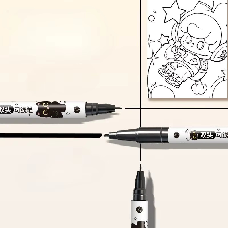 TWBEB 5 Stück Doppelspitzen-Zeichenstifte mit feiner Linie im schwarzen Katzen-Design, wasserfeste Manga-Marker für Kunststudenten, Farbe: Schwarz - Bild 3