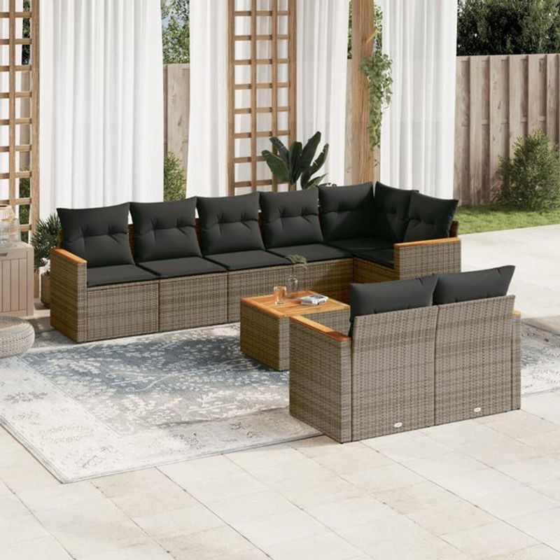 Vidaxl Gartenmöbel-Set aus Polyrattan mit Kissen, 9-teilig, Grau, Modernes Design - Bild 1