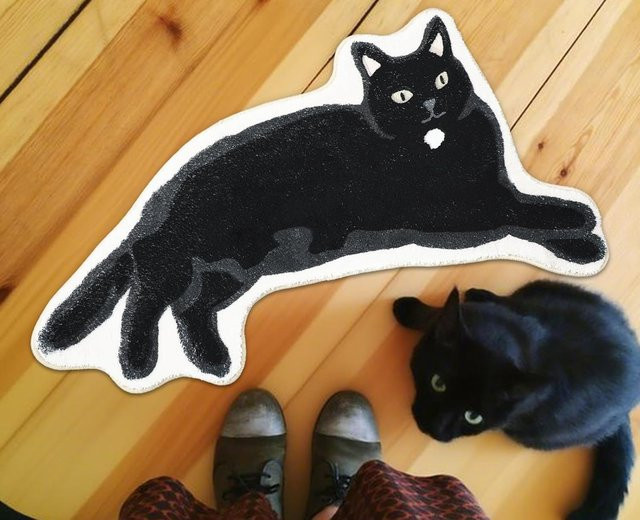 VIKAMA Rutschfester Teppich mit schwarzem Katzen-Design in Wolleoptik für Badezimmer, Küche oder Wohnzimmer, Farbe: Schwarz - Bild 1