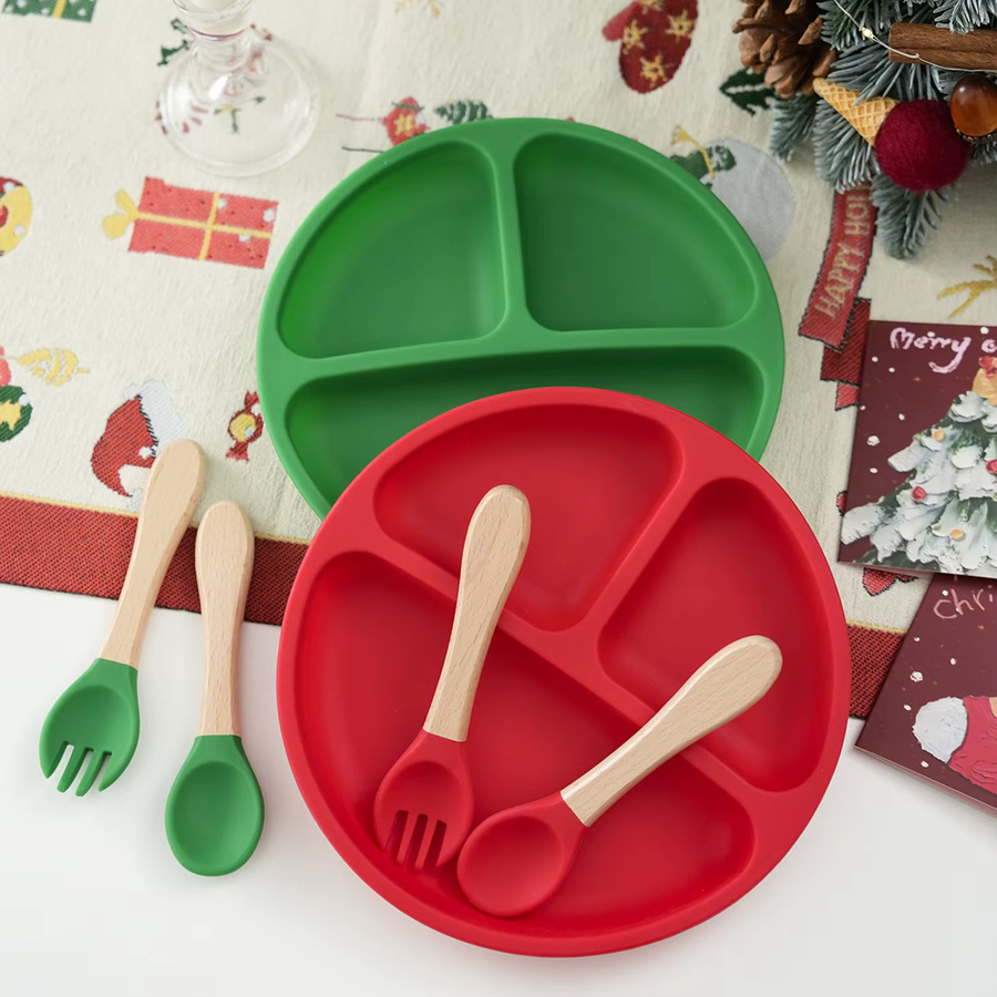 3-teiliges Silikon Kinder Fütterungsgeschirr Set aus BPA-freiem Material mit Teller, Löffel und Gabel zur Ausbildung - Bild 2