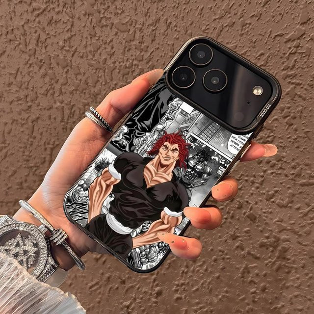 Anime B-Baki Yujiro Hanma Handyhülle für iPhone 11 bis 17 Pro Max, Matte Laser Aurora Design, Stoßfest, Pink/Mehrfarbig - Bild 1