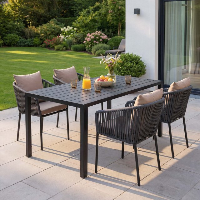 Gartengarnitur MCW mit Tisch und 4 Stühlen aus Aluminium und Seilgeflecht in Anthrazit mit taupefarbenen Kissen, B/T/H: 140 x 80 cm - Bild 1
