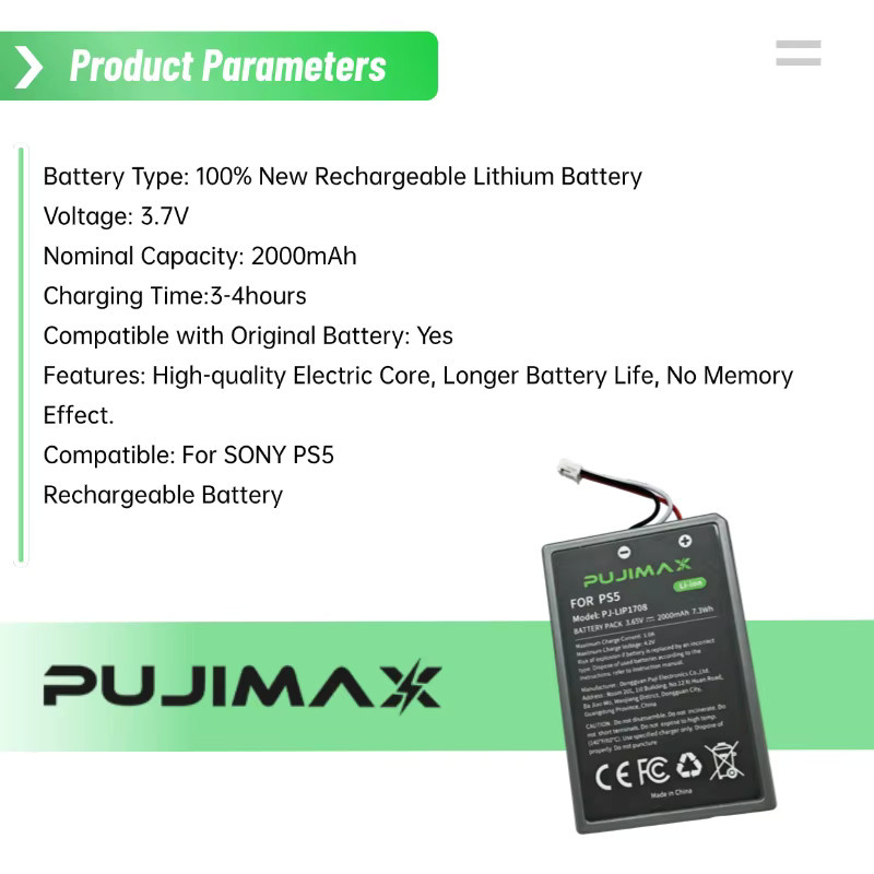 PUJIMAX Akku für Sony PS5 DualSense Controller CFI-ZCT1W mit 2000mAh Kapazität - Bild 2
