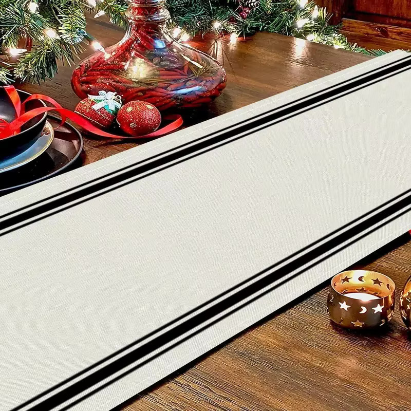 VIKAMA Tischläufer gestreift in Beige-Schwarz, wasserabweisende Tischdecke aus Polyester im Landhausstil, Rechteckig, Breite: 90 cm, Tiefe: 33 cm - Bild 2