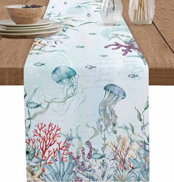 JINGYUE Pet Tischläufer aus Leinen mit Meeresschildkröten-Motiv in Blau, B/H: 150 x 33 cm - Bild 1