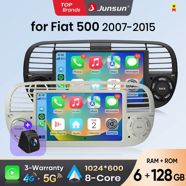 Junsun 7-Zoll Kabelloses CarPlay und Android Auto Autoradio für Fiat 500 500C Abarth 2007-2015 mit IPS Touchscreen Multimedia Stereo-Videoplayer in Schwarz oder Weiß - Bild 1