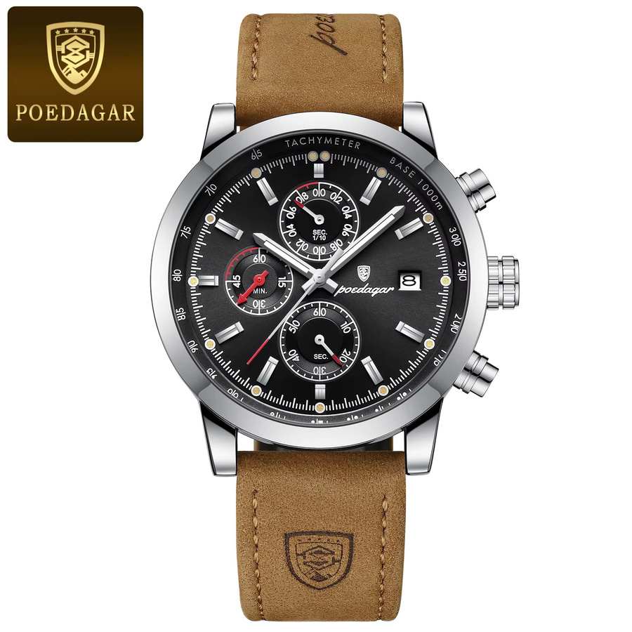 POEDAGAR Herrenarmbanduhr, Chronograph, Quarz, Lederarmband, Silber, Datum - Bild 7