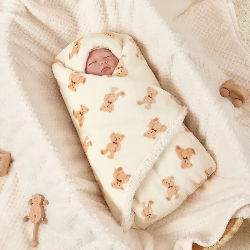 DANIVIVI Baby Decke aus weichem Lamm-Fleece für Neugeborene, Warme Winter Baby Swaddle Wrap in Braun und Weiß - Bild 1