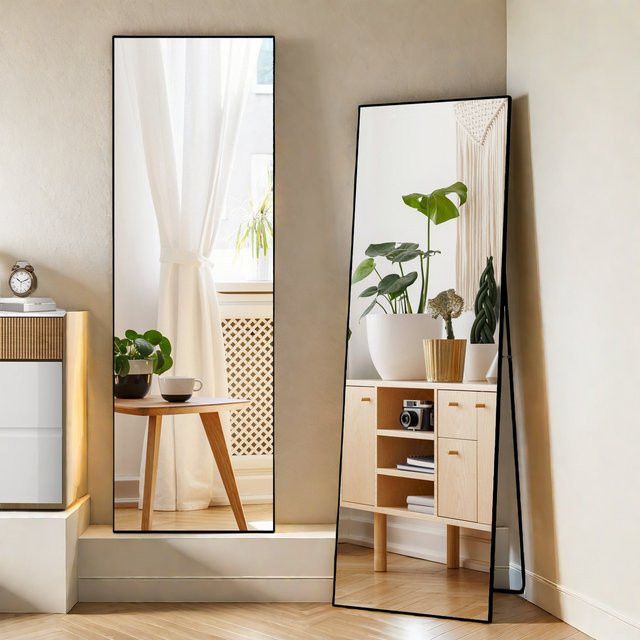 FEEOHOME Ganzkörperspiegel mit Aluminiumrahmen, rechteckiger Standspiegel für Schlafzimmer und Wohnzimmer, Höhe: 164 cm, Breite: 54 cm - Bild 1