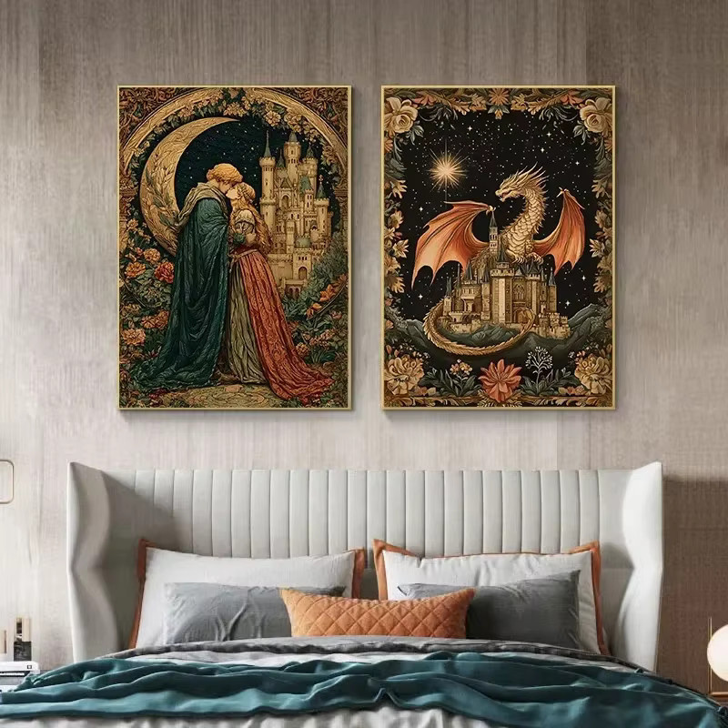 Vintage Renaissance Leinwandmalerei mit Ritter, Schwert, Schloss und Drache als Wandkunst im Portraitformat - Bild 2