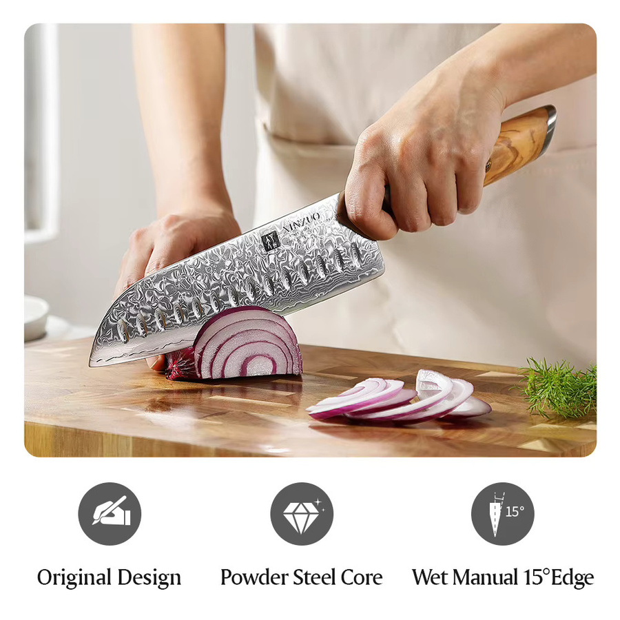 XINZUO Santoku-Messer mit 73 Lagen Damaszener Edelstahl, Pulverstahlkern und Olivenholzgriff, Silber, 17,78 cm - Bild 3