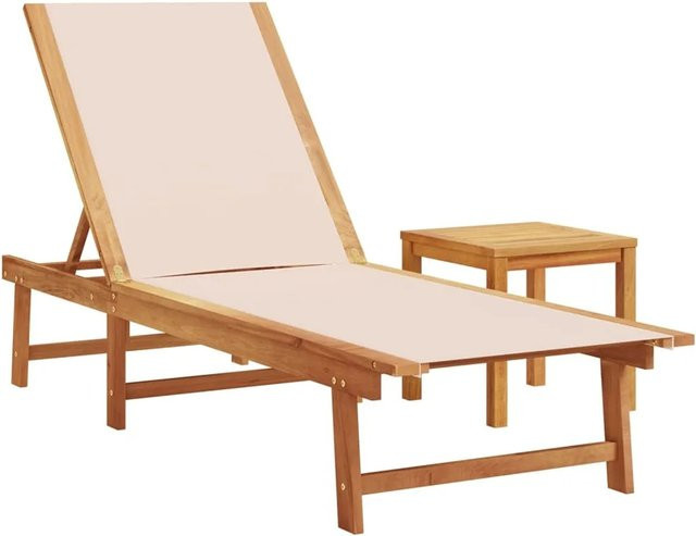 vidaXL Sonnenliege mit Tisch aus Akazienmassivholz und Textilene in Creme und Braun, B/T/H: 200 x 66 x 98 cm - Bild 1