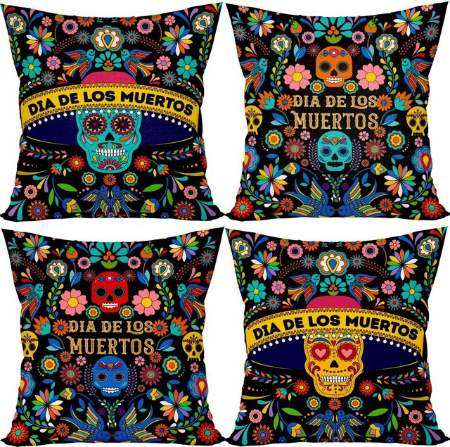 Set mit 4 ILVISEST Kissenbezügen im Day of the Dead Design mit mexikanischen Schädeln und Ringelblumen, Mehrfarbig, B/B: 40 x 40 cm - Bild 1