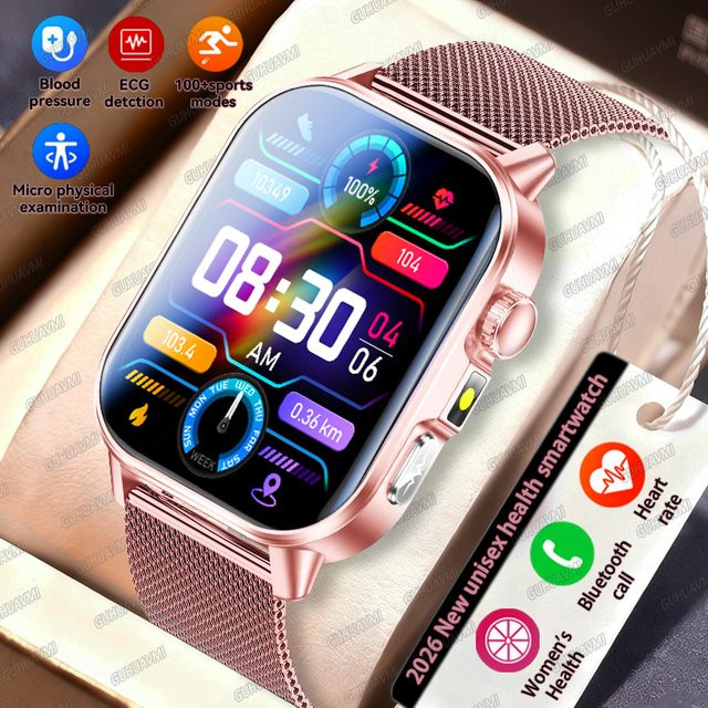 GUHUAVMI Smartwatch mit EKG, HRV, Harnsäure- und Blutfett-Messung sowie Bluetooth-Anruf in Pink - Bild 1