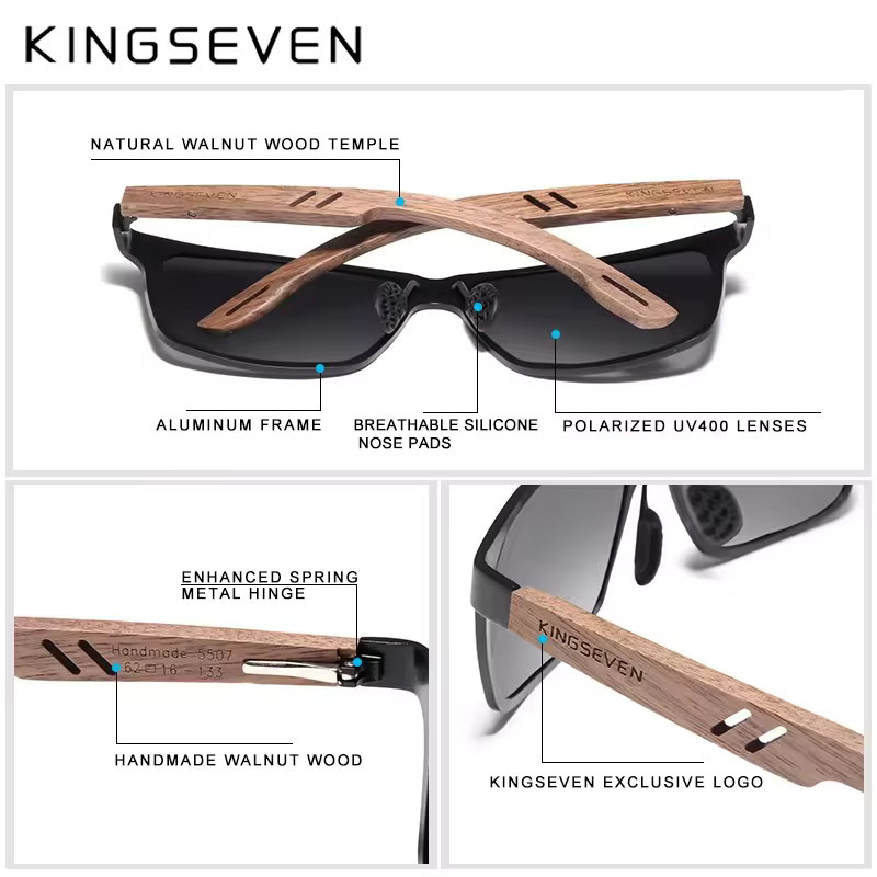 KINGSEVEN Sonnenbrille Holz, Rechteck, Vollrand, Unisex, polarisiert - Bild 3