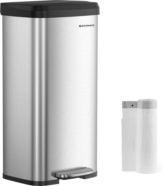 Songmics Petaja Mülleimer mit Fußpedal aus Edelstahl in Silber-Schwarz mit Soft-Close und Geruchsfilter, Volumen: 68 l - Bild 1