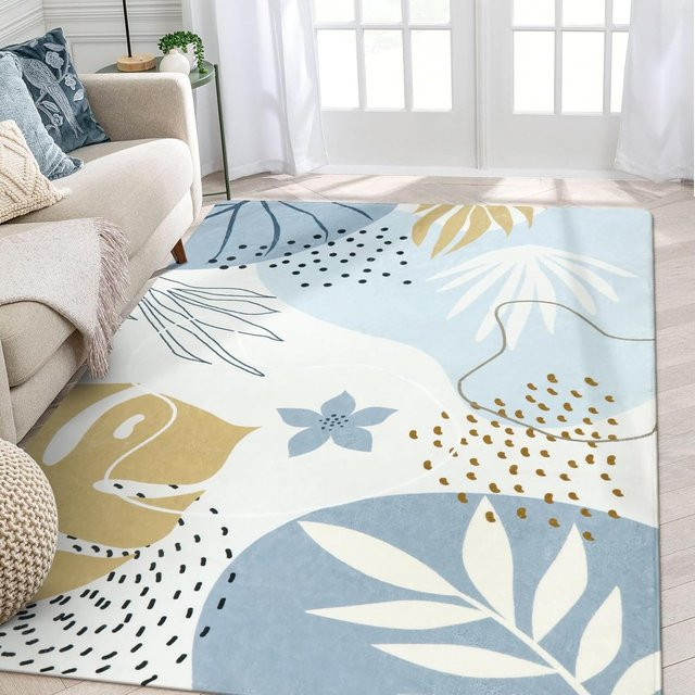 VIKAMA Boho Wohnzimmerteppich in Blau mit floralem Pflanzendruck, maschinenwaschbarer Teppich für Wohnzimmer und Schlafzimmer, B/T: 120 x 80 cm - Bild 1